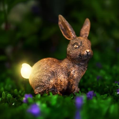 Garden Mile Solar Rabbit Ornament for Garden - Bronze Effect Outdoor Statue Waterproof Resin Sculpture with Solar Lights Animal Sculpture