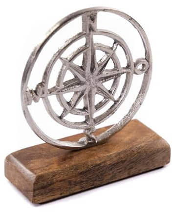 DESIGN DELIGHTS AUFSTELLER Maritim | Mangoholz, Metall, 16 cm | Windrose auf Sockel, Kompass Metallfigur, Deko Aufsteller