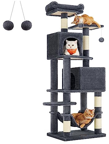 Feandrea Kratzbaum, 155 cm hoch, Katzenbaum mit 5 Kratzsäulen, 2 Plattformen, 2 Katzenhöhlen, Hängematte, 2 Plüschbälle, Plüsch, mehrstöckiges Design, rauchgrau PCT192G01