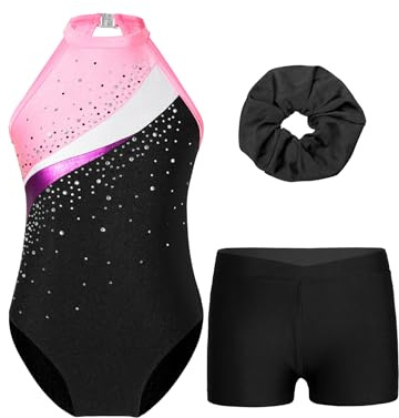 Oyolan Barn, flicka, gymnastiktrikåer med tryckt strass med shorts, gym, dans, skridskoåkning, träning, framträdanden, kostym, show 5–16 år, rosa, 13-14 �r