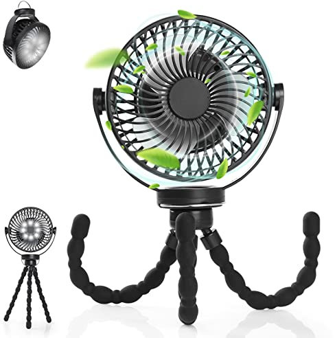 Simpeak Camping Ventilator Tischventilator, Mini USB Ventilator leise, 5200mAh Akku Ventilator mit LED Licht [Verstellbares Stativ] [3 Geschwindigkeit] [720° Drehung] - Schwarz