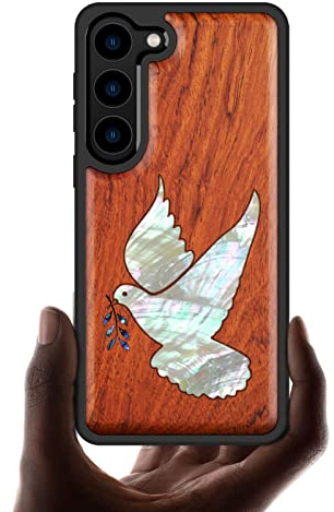 Carveit Designer Wooden Case for Samsung Galaxy S23 Case Cover [Wood Engraving & Shell Inlay] Unique Wood Phone Case Compatible with Wireless Chargers Galaxy S23 Case (White-dove-Red Wood)