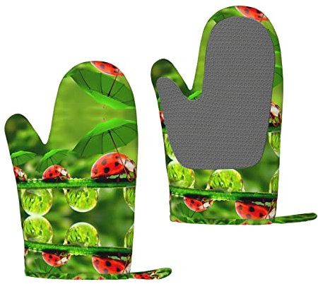 Guanti da barbecue con stampa divertente coccinella, guanti da barbecue in silicone resistente al calore, guanti da forno da cucina, per barbecue, cucina