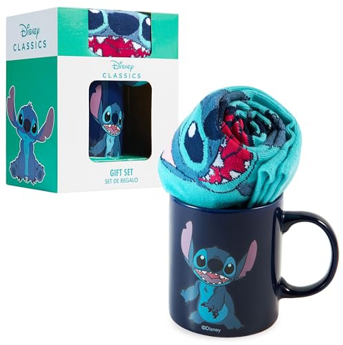 Disney Stitch mugg och strumpor presentset för kvinnor tonåringar söt keramisk mugg mjuka vadstrumpor, strumpfyllningsgåvor till henne (marinblå söm)