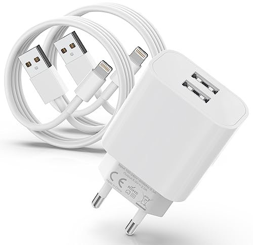 Apple MFi Certified 2Port USB iPhone Ladegerät mit 2er Pack iPhone Ladekabel 2M,iPhone Ladegerät Stecker, USB Netzteil und Lightning Kabel für iPhone 14/13/12/11 Pro/XS/XR/SE/X/8/iPad Airpods-Weiß