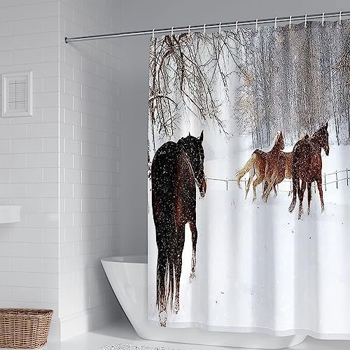Whoiy Duschvorhang Textil Braun, Duschvorhang Eckbadewanne 165X200cm Polyester Duschvorhänge Schnee und Pferd Weiss Waschbar Wasserdicht