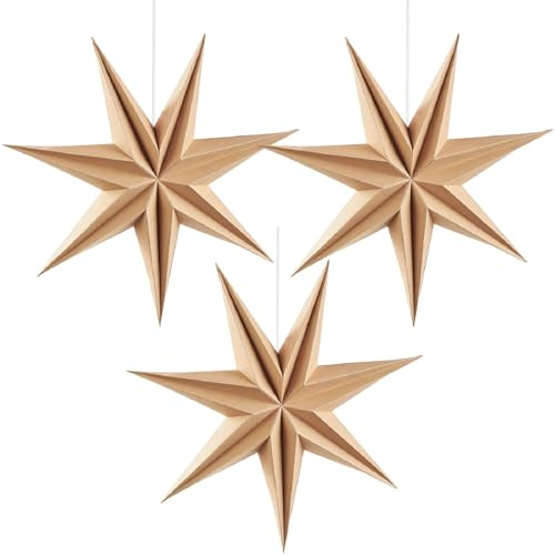 SUNBEAUTY 3 Stück Papiersterne Weihnachten 30cm Braun Papiersterne Zum Aufhängen Holz Stern Weihnachtsdeko Fensterdeko Faltsterne für Hochzeit Geburtstag Tischdeko Weihnachtsdekoration