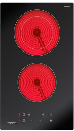 magicplux Placa Vitrocerámica 2 Fuegos, 29,5cm Vitrocerámica con Doble Zona, 9 Niveles de Potencia, Bloqueo para Niños, Temporizador, Apta para todo tipo de Sartenes, 3400W