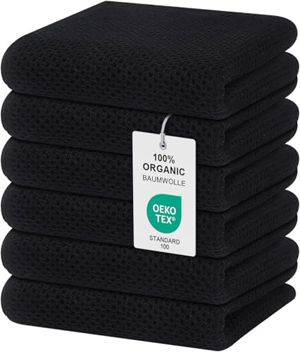 Moosfor Geschirrtücher 100% Baumwolle, 6er Set 32 x 72 cm, Weiche Geschirrhandtücher Küchenhandtücher Saugfähig Küchentücher Dicke Premium Geschirrtuch Spüllappen Putzlappen, Schwarz