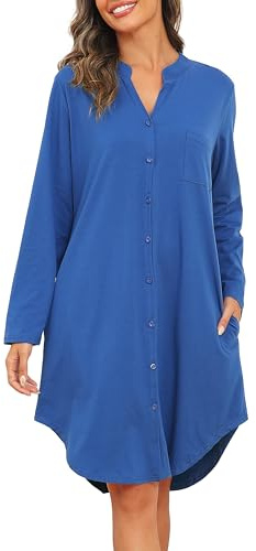 Vlazom Nattlinne för kvinnor långärmad sovskjorta Button Down nattskjorta nattkläder pyjamasklänning storlek S-XXL, BLÅ, XL