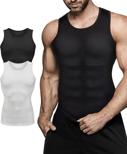 Mens Compression Shirt Slimming Body Shaper Vest Workout Tank Tops Abs Abdomen Undershirts 2 Packs - Black+White, XX-Large