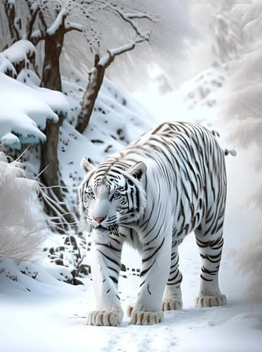 AMBATTERY Knüpfkissen Fantasie-Weißer Tiger-Tier-Teppichherstellungssatz Für Erwachsene, Knüpfhaken Für Erwachsene Und Anfänger, Heimdekoration 35x46in