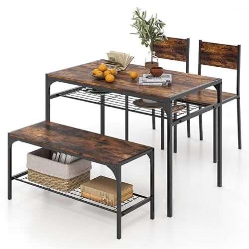 TANGZON Dining Table and 2 Chairs with Bench, Wooden Kitchen Table and Chairs Set of 4 with 2 Storage Racks, Metal Frame Dining Room Sets Furniture for Home Living Room Restaurant (Rustic Brown)