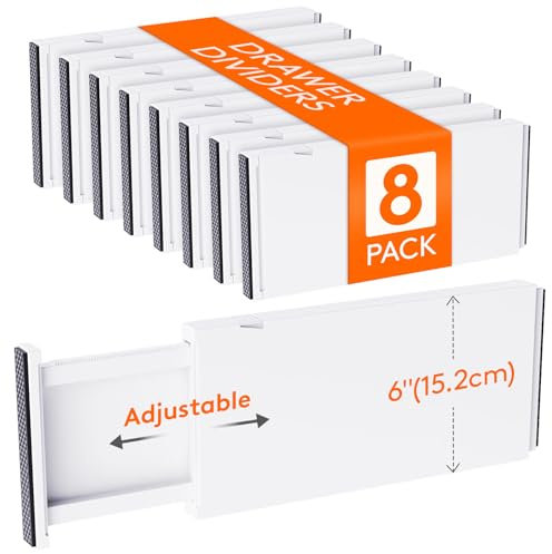 Lifewit 8 Pezzi Divisori per Cassetti, Regolabili Separatori per Cassetti 34-56 cm Alti 15 cm Plastica Organizer Cassetti per Cucina Bagno Armadio Biancheria per Calzini Mutande, Bianco