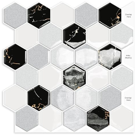 Mosaïque hexagonale à décoller et à coller pour crédence murale, cuisine, salle de bains, cheminée, camping-car,Credence Adhesive Stickers Carrelage(10-Pièces, 30,5 x 30,5cm)