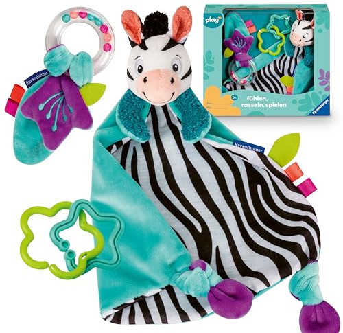 Ravensburger 4858 Play+ Känn, skramla, lek (presentset: zebra), täcke, present till födelse, dop, baby shower, stimulering av sinnena, främjar finmotorik, för spädbarn från 0 månader