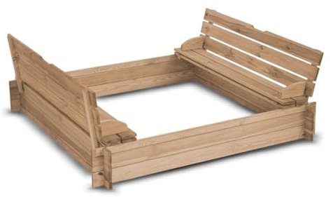 Wood & Play Sandkasten - Abschließbar - mit Bänken - Sicherer Spielbereich - Langlebiges Holz - Praktische Abdeckung zum Schutz des Inneren vor äußeren Einflüssen - 120 x 120 cm