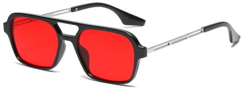 RUNHUIS Vintage Klassische 70er Jahre Quadratische Sonnenbrille für Damen Herren Trendy Retro Slim Rechteck Brille Schwarz-Silber/Rot