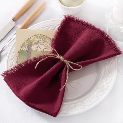 DeZerlor 6 Stück burgunderrote Baumwoll-Leinen-Servietten mit Fransen, Thanksgiving Herbst Stoffservietten, Set mit 6 Stück, Boho, handgefertigte Abendessen, Tischservietten, Großpackung für Hochzeit
