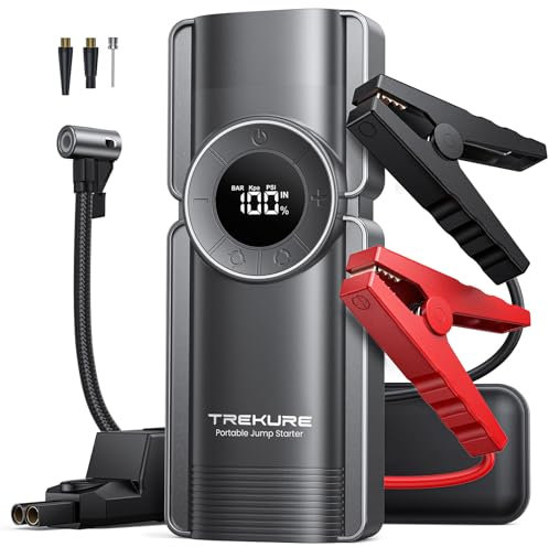 TREKURE Starthilfe Powerbank mit Kompressor, 150PSI 5500A Auto Starthilfe Powerbank für 8.5L Benzin und 8.0L Dieselmotor, 12V Booster Auto Starthilfe mit LED-Licht