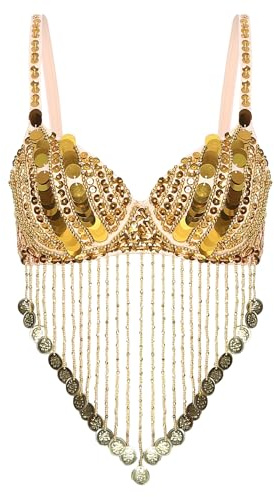 Freebily Damen Bauchtanz BH Pailletten Bra Mit Münze Perlen Fransen Sexy Glitzer Rumba Samba Oberteil Karneval Party Clubwear Tanzkleidung Top