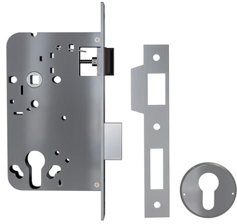 Amig - Cerradura de Embutir Puertas de Madera - Entrada: 60mm - Nuecas - Orificio: 70mm - Cuadrillo: 8mm - Cilindro Europerfil - Bocallaves y Suplemento Reductor: 6mm - Acero Inoxidable Mate