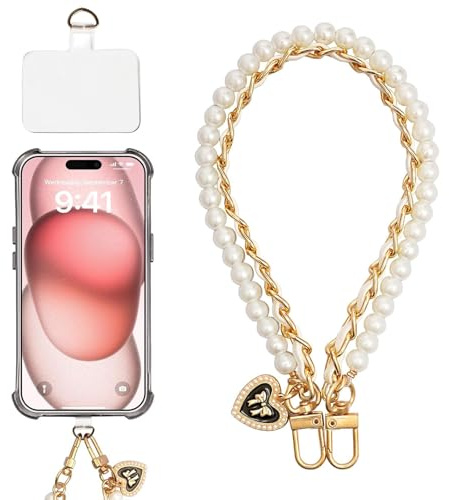 LunarCharm Beaded Heart Phone Lanyard, White, Wristband Case with Unique Double Chain Design, Wireless Charging Compatible