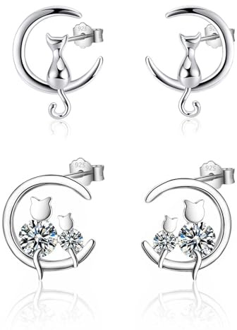 HinDaLi 2 Paires Boucles d'Oreilles en Argent 925 pour Femme Fille Chat et Lune avec Zirconium Rond Clous d'Oreilles