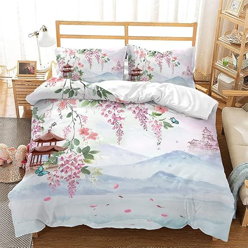 Lussuoso set copripiumino super king size con fiori di ciliegio bianco, morbido e confortevole, in microfibra, con chiusura a cerniera, 260 x 220 cm