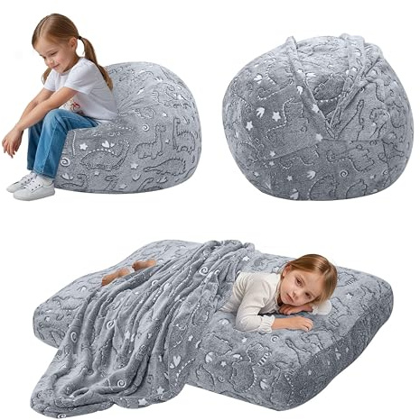 MeMoreCool Kids Bean Bag Chair Turn into Beanbag Bed, Toddler Bean Chair with Filling, Lazy Children Sofa Couch for Girl Boy Sleeping, Grey, 75 x 75 x 47cm, Glowing Dinosaur