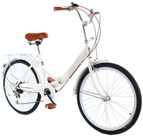 VHVYWY 26 Zoll Damen Cityrad, Faltrad für Erwachsene, 7 Gang Schaltung Klappfahrrad mit Variabler Geschwindigkeit Stadtrad mit Rücklicht und Autokorb White