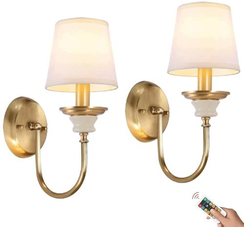 Aplique de pared inalámbrico a batería con control remoto y bombilla, luz de pared recargable y regulable a batería, lámpara de pared inalámbrica de latón dorado y jade blanco antiguo de estilo amer
