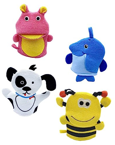 Pack Kinder Badehandschuhe aus Composite Cotton, Tierform | Kinderbadartikel für Dusche und Badezimmer, Kreative Formgebung, Leicht zu Tragen, 4 Stück