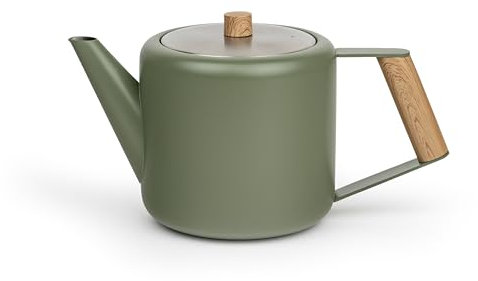 Bredemeijer grüne Edelstahl Teekanne 1.1 Liter - Griff in Holzoptik - doppelwandige Retro Kanne - für längeren, warmen Teegenuss