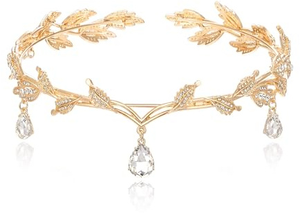 SHUOHONG Elfen Kopfschmuck, Prinzessin Kristall Elfenkrone, Vintage Strass Diademe Stirnband, Waldfee Kopfschmuck, Kopfband der Frau Blumen und Blätter Krone Haarband für Braut Brautjungfern (Gold)
