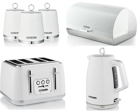 Swan Elegance White 1.7L Kettle, 4 Slice Toaster, Breadbin and Tea, Coffee, Sugar Canisters. Contemporary Matching Kitchen Set of 6 with a Textured Gloss Finish and Stainless Steel/Chrome Accents