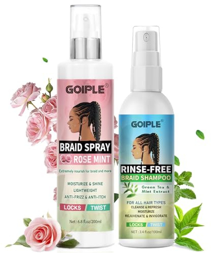 Spray Hydratant Réparateur à l'Eau de Rose & Shampoing sans Rinçage - Duo Nettoyant & Hydratant Instantané Contre Démangeaisons, Pellicules et Odeurs | Pour Cheveux Tressés, Locks