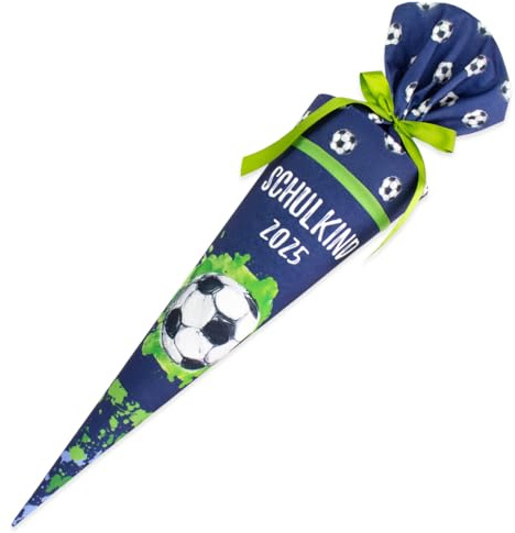Schultüte aus Stoff mit Papprohling und Schultütenkissen Set Schulkind 2025 Kuschel Velvet 70 cm (Fußball)