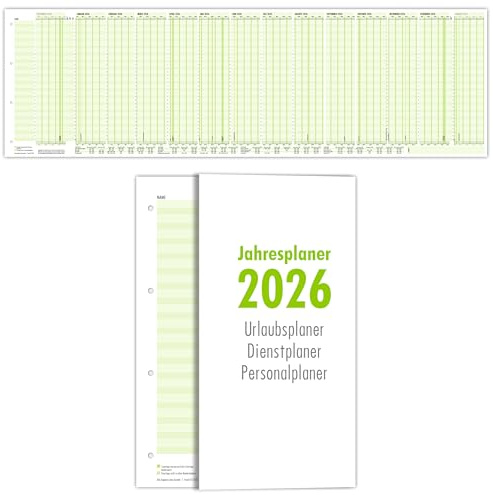 Primus Print – 2x Jahresplaner Urlaubsplaner Personalplaner Dienstplaner 2026 – faltbar, gefalzt, gelocht im Format 980x297 mm – Wandkalender 14 Monate inkl. Ferien und Feiertage - 34 Mitarbeiter (2)