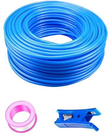 HUAZIZ Blå 50 M pneumatisk PU-luftslang, PU-pneumatisk slang, tryckluftsslang, yttre 8 mm x insida 5 mm + 1 st blå rörskärare 1 st rosa teflontejp