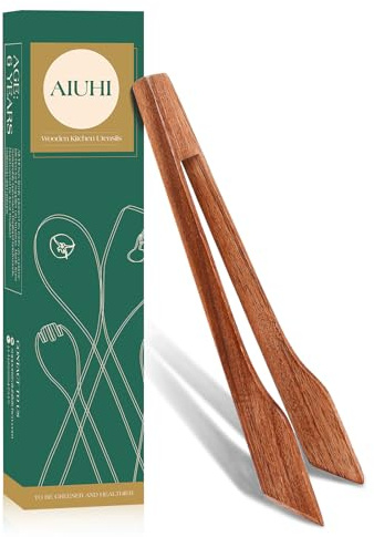 AIUHI Natural Teak Wood Cooking Tongs, Wooden Food Tongs, 12.2 * 2.4inch, 1 Count