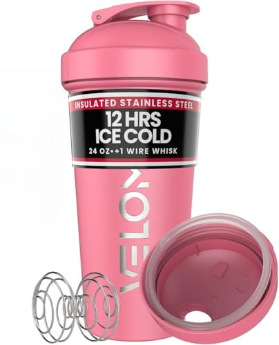 VELOMIX 24oz Stainless Steel Shaker Bottle with Wire Whisk, Pink