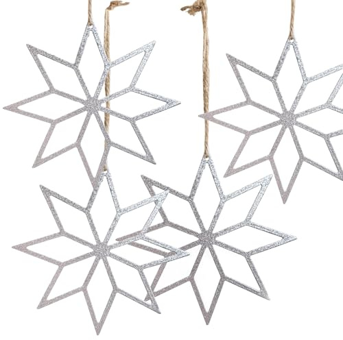 Anhänger Stern Silber 13 cm – 4er-Set Weihnachtsanhänger aus Metall, Filigrane Deko zum Aufhängen – Logbuch-Verlag