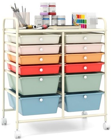 GIANTEX Chariot de Rangement à roulettes 12 Tiroirs Amovibles, Tour de Rangement Mobile Utilitaire à Plateau & Poignées, Desserte à roulettes pour Salon Bureau Chambre, 64x38x75cm, Multicolore
