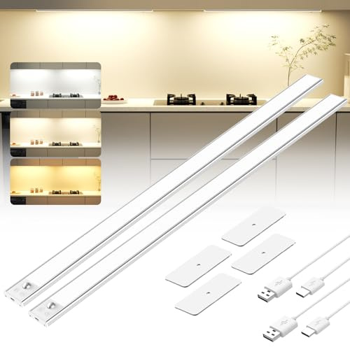 OUILA Unterbauleuchte Küche Led 60CM Schrankbeleuchtung mit Bewegungsmelder 3 Farben Dimmbar Schrankleuchte LED USB-C Wiederaufladbar Lichtleiste für Küche Kleiderschrank Treppe Schrank 2 Stück