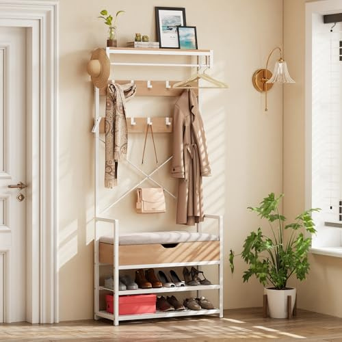 YITAHOME Garderobenständer mit Sitzbank und Schuhregal, 10 Haken Modular | Garderobe, Kleiderständer, Flurgarderobe mit Kleiderstange Ablage, 2-stufig, Obere Ablage für Flur, Schlafzimmer, 80x30x180cm