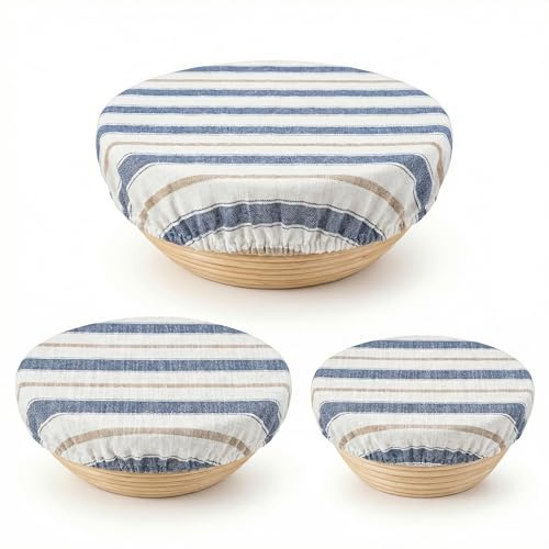 3 hermosas fundas para tazones de mezcla de lino y algodón, forro de tela para cesta a prueba de pan, forros elásticos de lino para hornear masa madre, se adaptan a tus cuencos de 8 a 12 pulgadas
