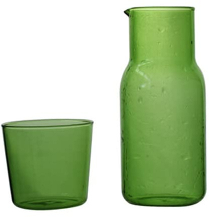 bottiglie d'acqua in vetro | Caraffa per acqua da comodino e set di bicchieri da 500 ml Decanter da comodino verde trasparente con beccuccio per bicchiere Decanter con tazza per tavolo da ufficio