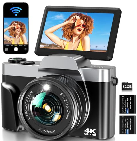 Fotocamera Digitale WiFi 4K 64MP Macchina Fotografica Digitale Compatta con Schermo Ribaltabile 3” 180°, Autofocus, Zoom Digitale 16X, Flash, 2 Batterie e Scheda 32GB per Vlogging e Fotografia