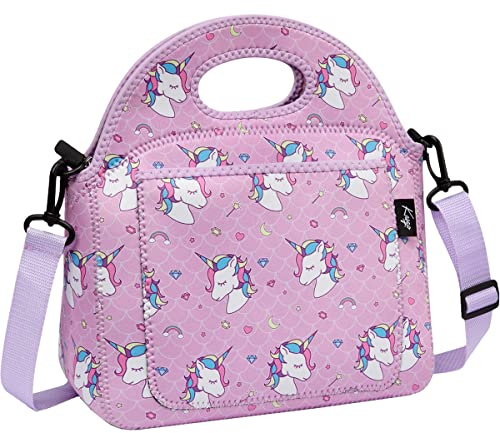 Kasgo Lunch Box Bag, Lightweight Kids Lunch Bag Neoprene Toddler Lunch Bag Girls Snack Tote Bag with Front Pocket and Detachable Shoulder Strap for School Picnic Travel (Purple Unicorn)